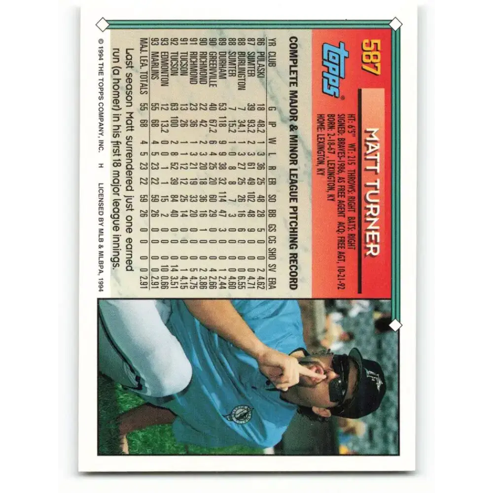 1994 Topps #587 Matt Turner EX Excellent Florida Marlins Baseball Card - Baseball Card Single