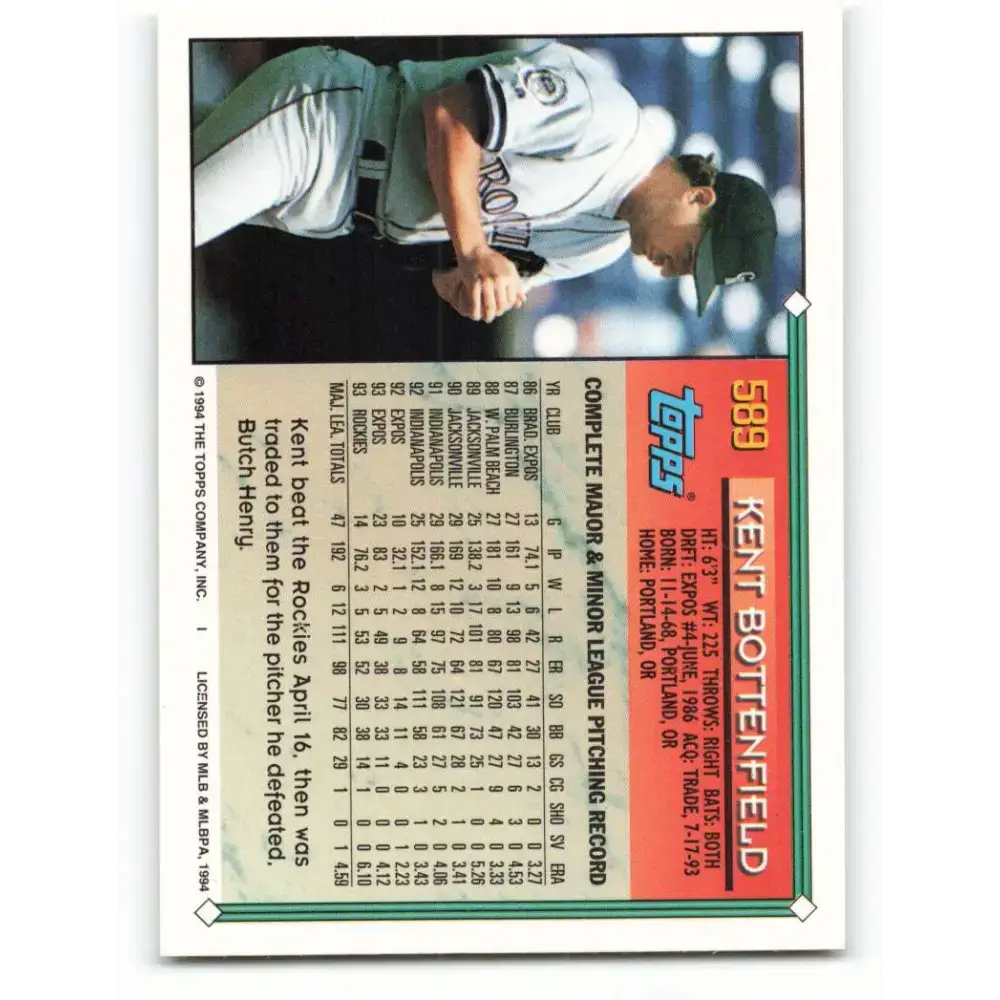 1994 Topps #589 Kent Bottenfield EX Excellent Colorado Rockies Baseball Card - Baseball Card Single