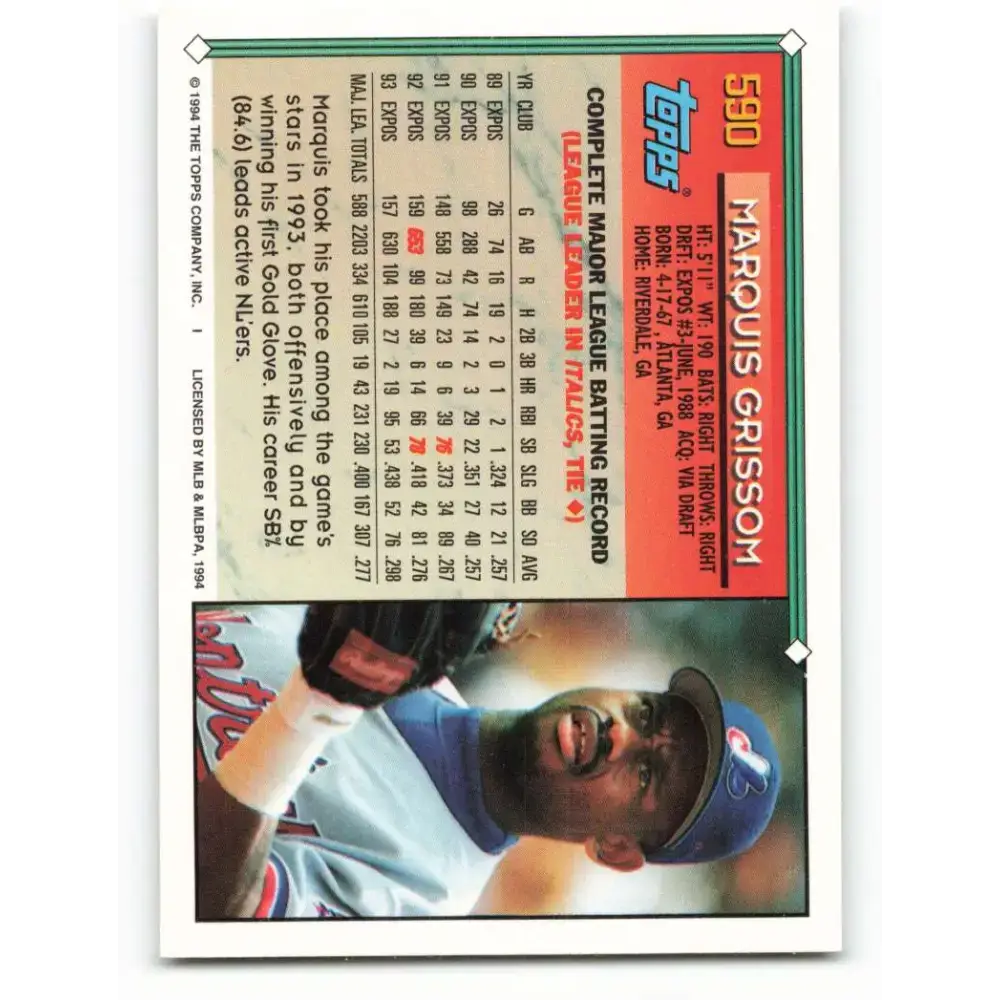 1994 Topps #590 Marquis Grissom EX Excellent Montreal Expos Baseball Card - Baseball Card Single