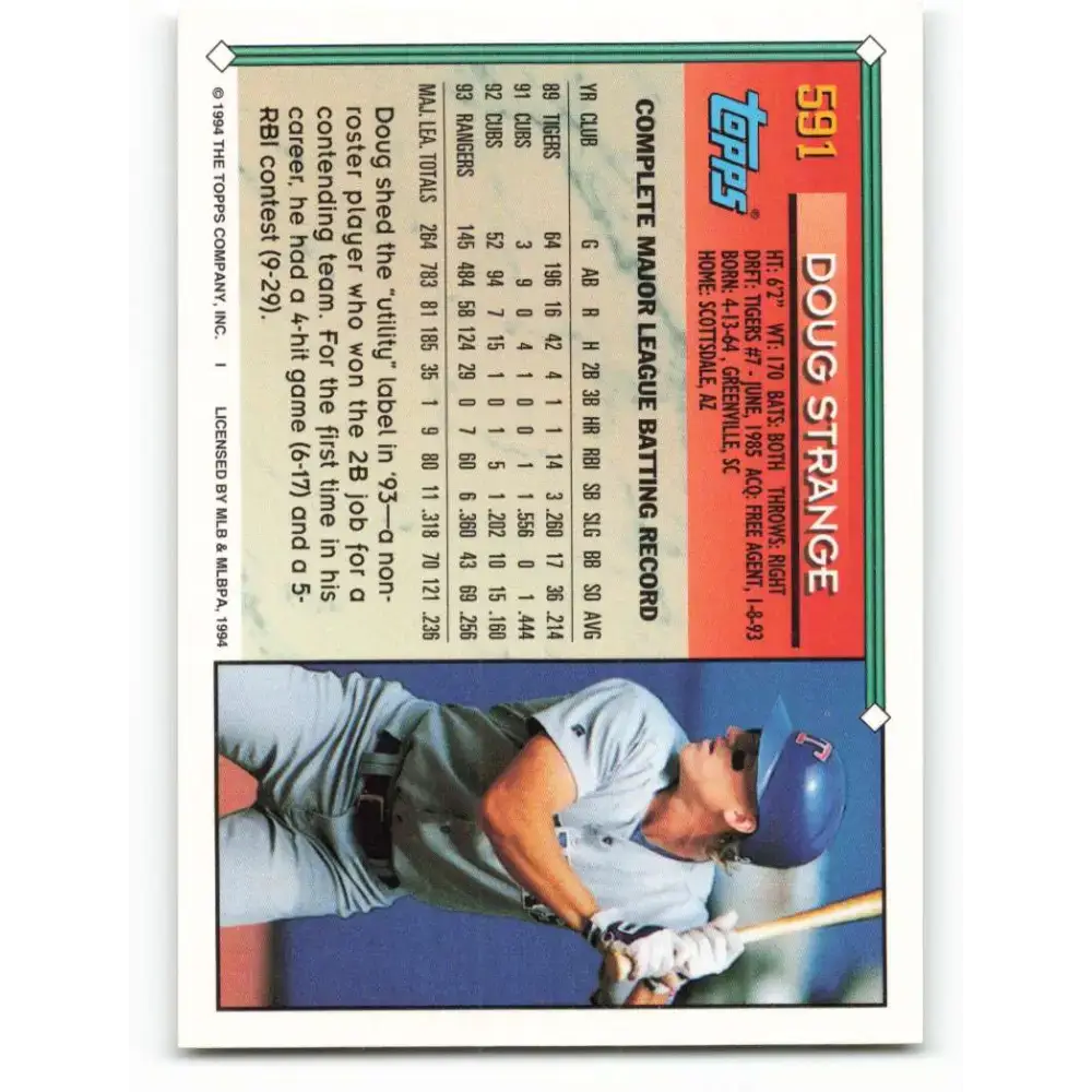 1994 Topps #591 Doug Strange EX Excellent Texas Rangers Baseball Card - Baseball Card Single