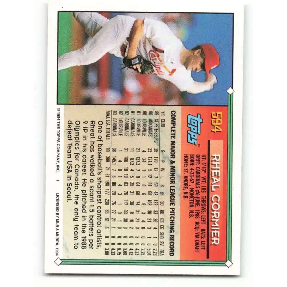 1994 Topps #594 Rheal Cormier EX Excellent St. Louis Cardinals Baseball Card - Baseball Card Single