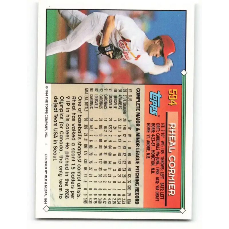 1994 Topps #594 Rheal Cormier EX Excellent St. Louis Cardinals Baseball Card - Baseball Card Single