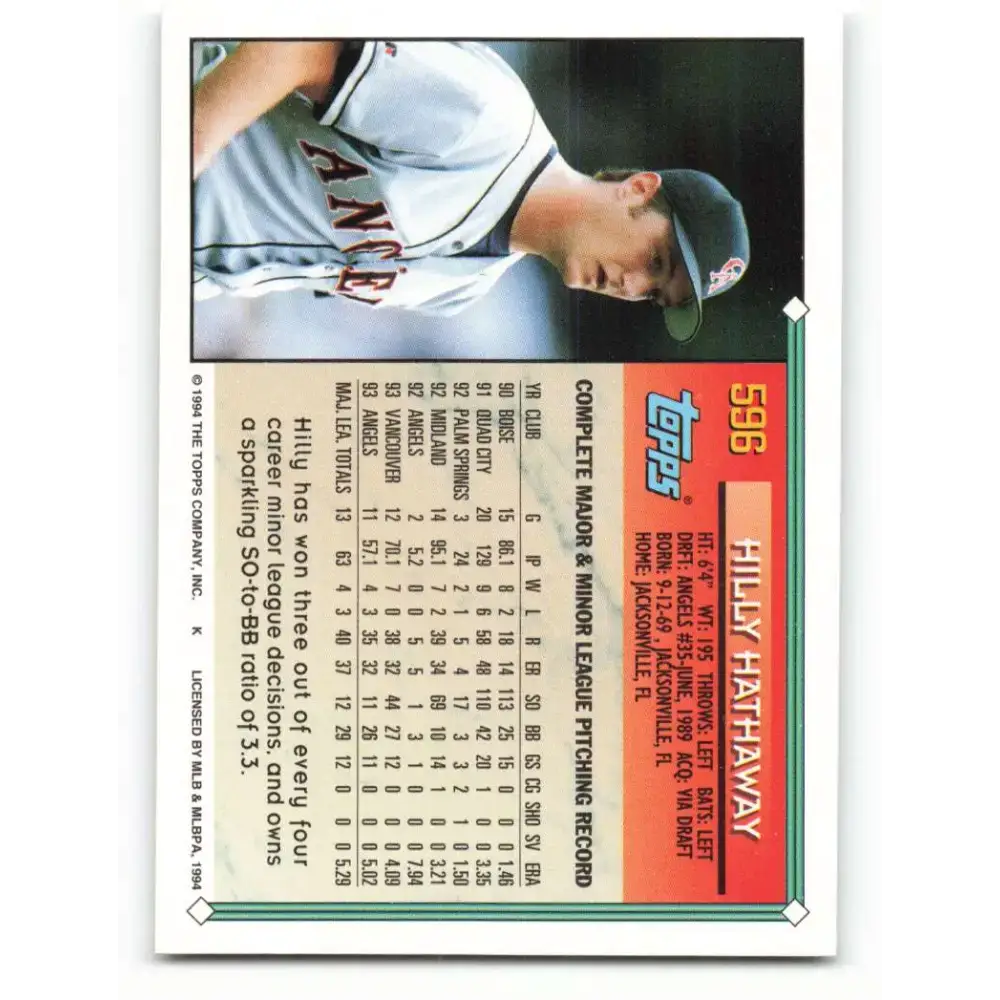 1994 Topps #596 Hilly Hathaway EX Excellent California Angels Baseball Card - Baseball Card Single