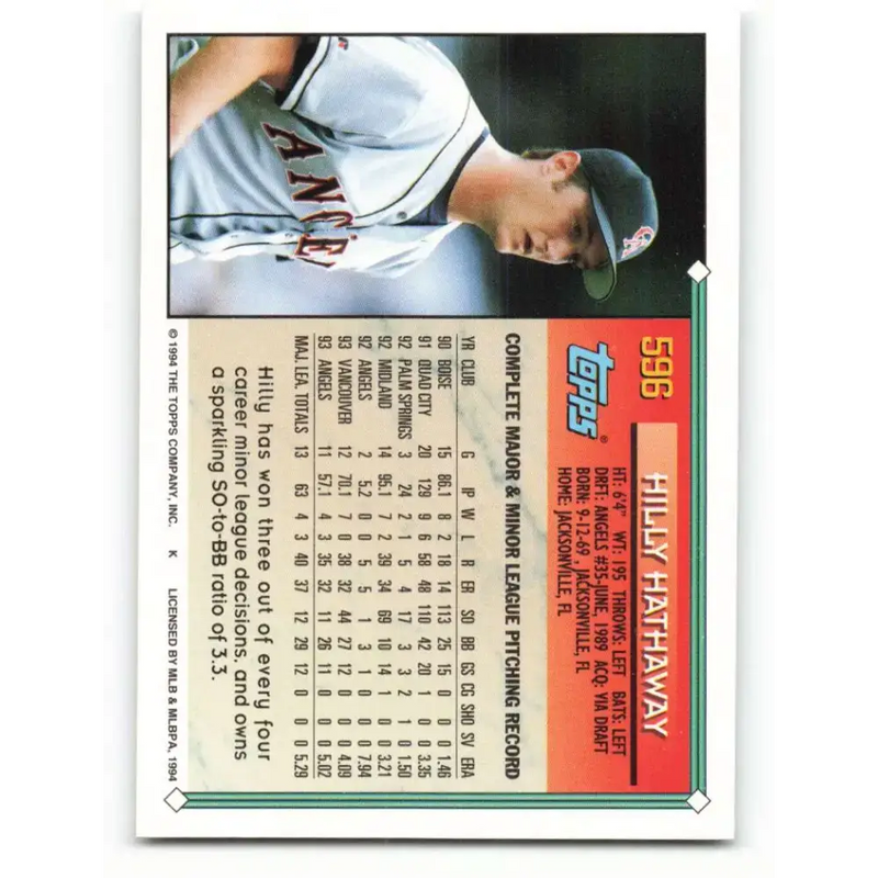 1994 Topps #596 Hilly Hathaway EX Excellent California Angels Baseball Card - Baseball Card Single