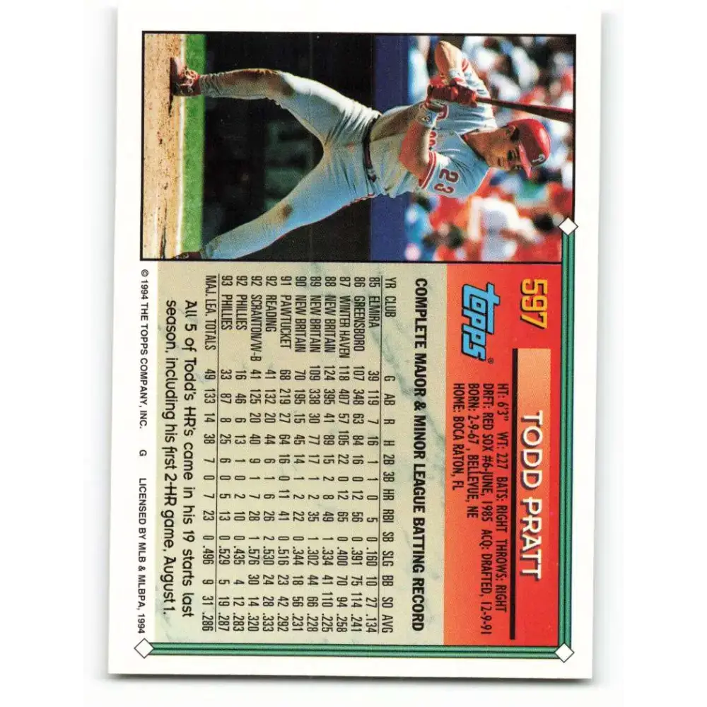 1994 Topps #597 Todd Pratt EX Excellent Philadelphia Phillies Baseball Card - Baseball Card Single