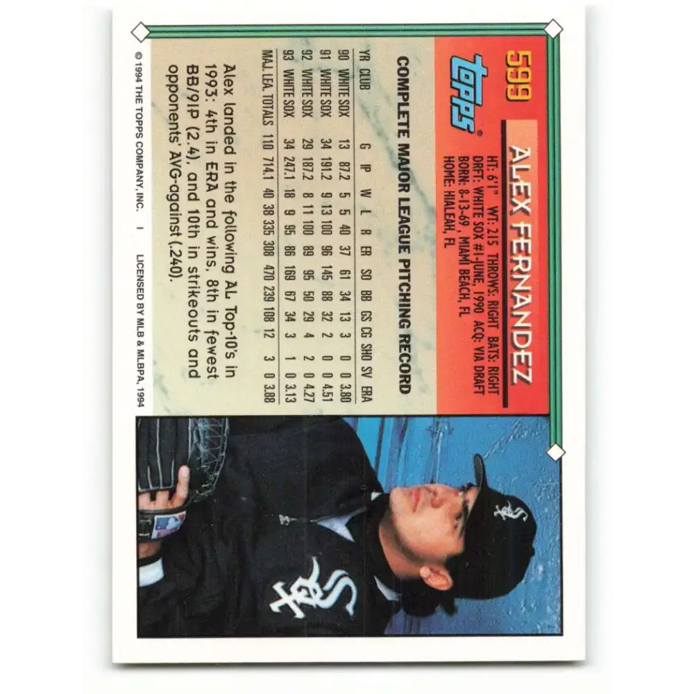 1994 Topps #599 Alex Fernandez EX Excellent Chicago White Sox Baseball Card - Baseball Card Single