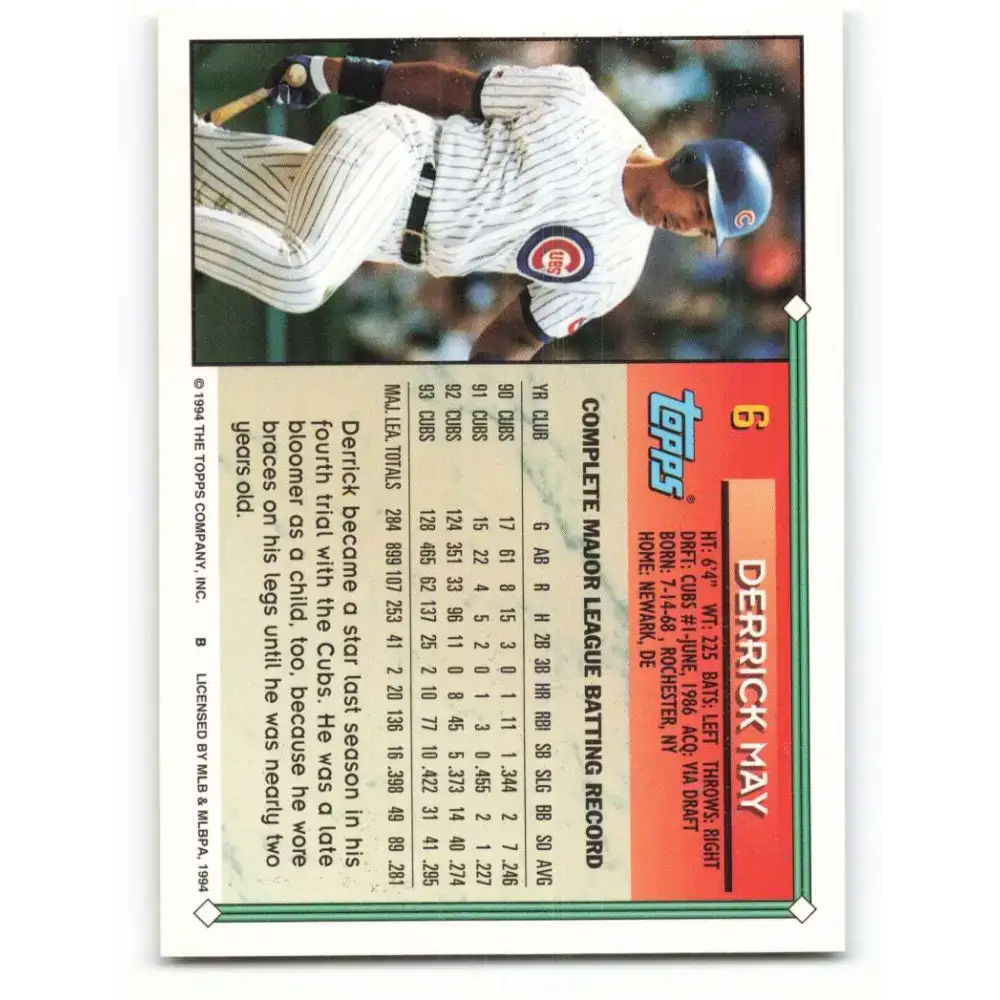 1994 Topps #6 Derrick May EX Excellent Chicago Cubs Baseball Card - Baseball Card Single