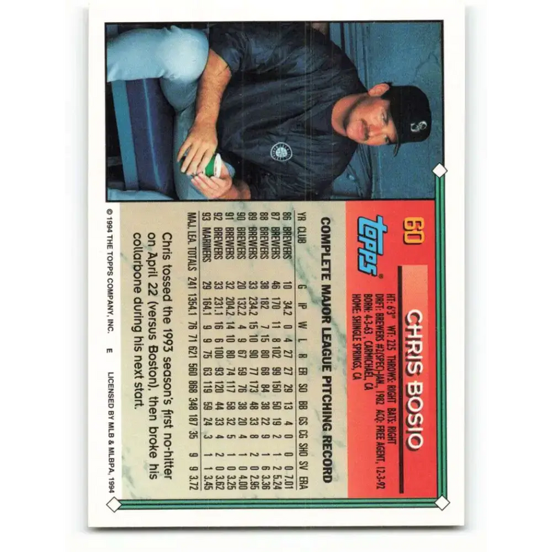 1994 Topps #60 Chris Bosio EX Excellent Seattle Mariners Baseball Card - Baseball Card Single