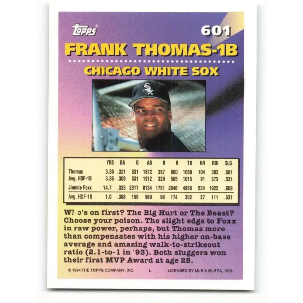 1994 Topps #601 Frank Thoma EX Excellent Chicago White Sox Baseball Card - Baseball Card Single