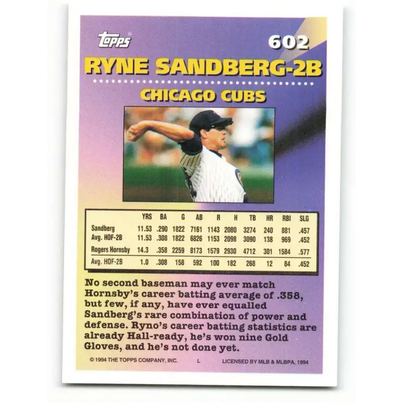 1994 Topps #602 Ryne Sandberg EX Excellent Chicago Cubs Baseball Card - Baseball Card Single