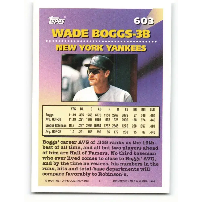 1994 Topps #603 Wade Boggs EX Excellent New York Yankees Baseball Card - Baseball Card Single