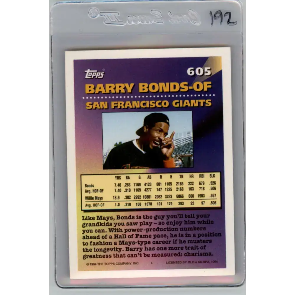 1994 Topps #605 Barry Bonds EX Excellent San Francisco Giants Baseball Card - Baseball Card Single
