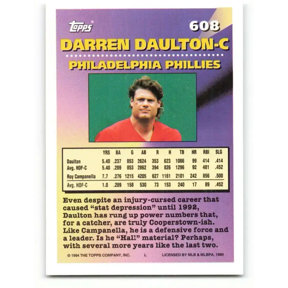 1994 Topps #608 Darren Daulton EX Excellent Philadelphia Phillies Baseball Card - Baseball Card Single