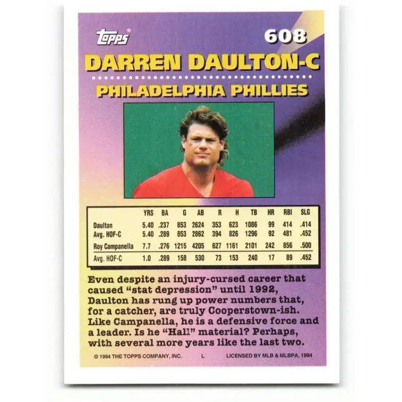 1994 Topps #608 Darren Daulton EX Excellent Philadelphia Phillies Baseball Card - Baseball Card Single