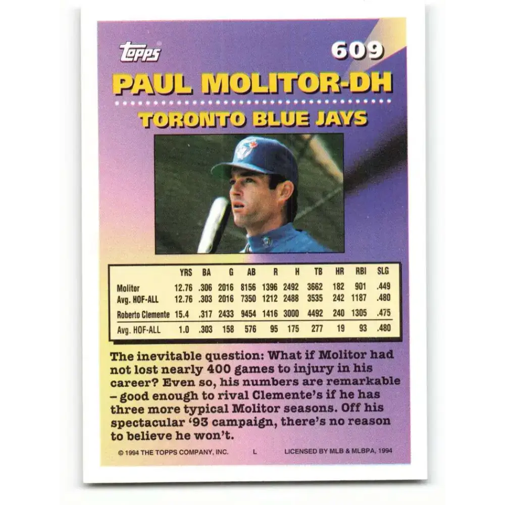 1994 Topps #609 Paul Molitor EX Excellent Toronto Blue Jays Baseball Card - Baseball Card Single