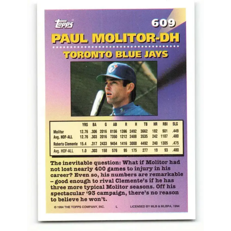 1994 Topps #609 Paul Molitor EX Excellent Toronto Blue Jays Baseball Card - Baseball Card Single