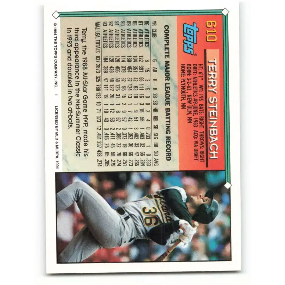 1994 Topps #610 Terry Steinbach EX Excellent Oakland Athletics Baseball Card - Baseball Card Single