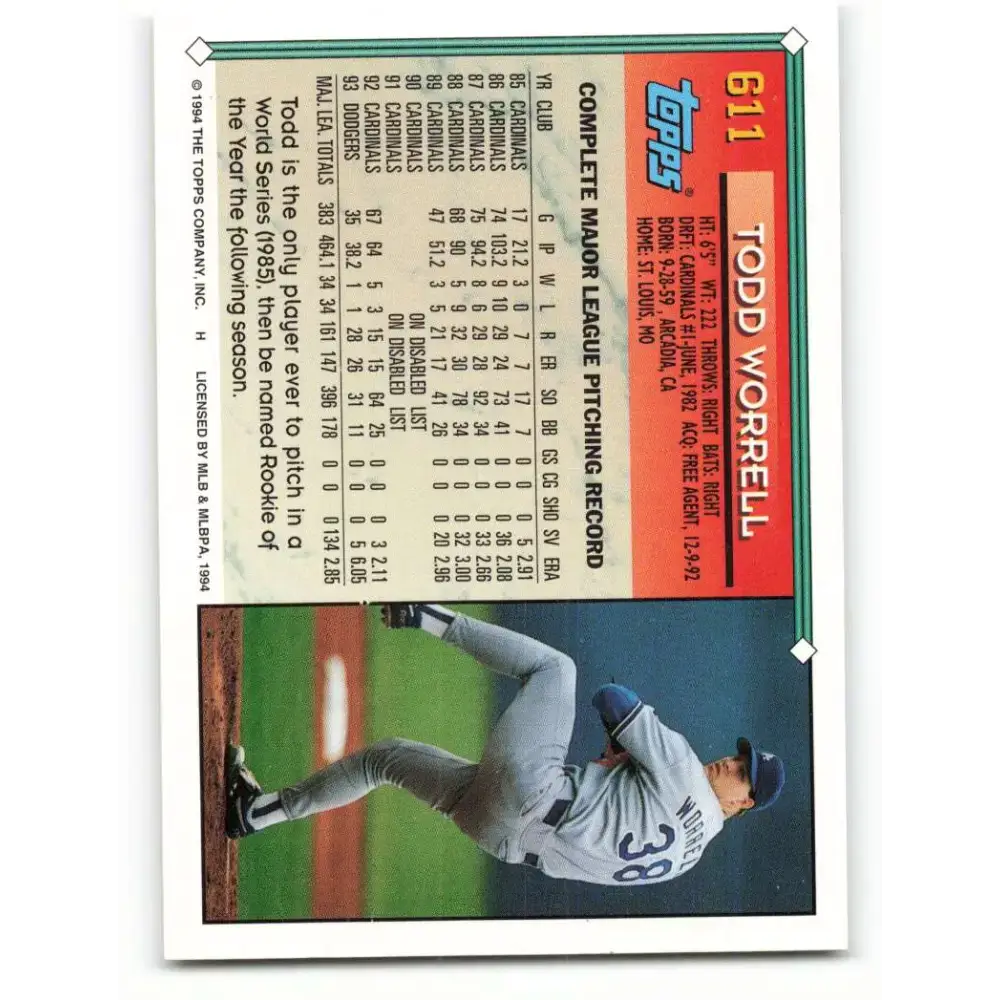 1994 Topps #611 Todd Worrell EX Excellent Los Angeles Dodgers Baseball Card - Baseball Card Single