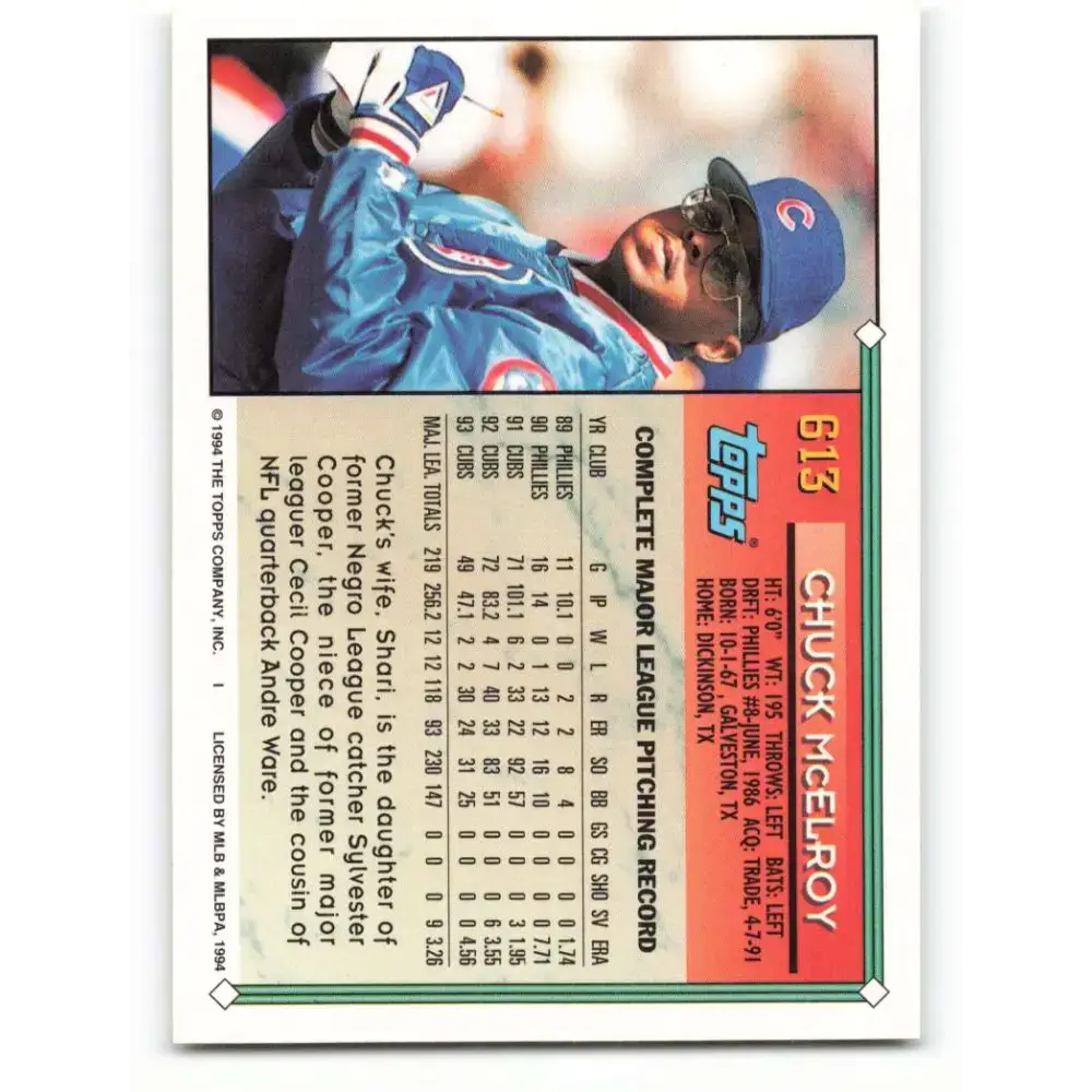 1994 Topps #613 Chuck McElroy EX Excellent Chicago Cubs Baseball Card - Baseball Card Single