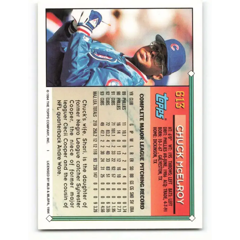 1994 Topps #613 Chuck McElroy EX Excellent Chicago Cubs Baseball Card - Baseball Card Single