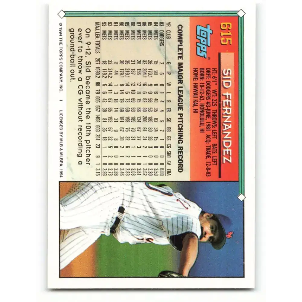 1994 Topps #615 Sid Fernandez EX Excellent New York Mets Baseball Card - Baseball Card Single