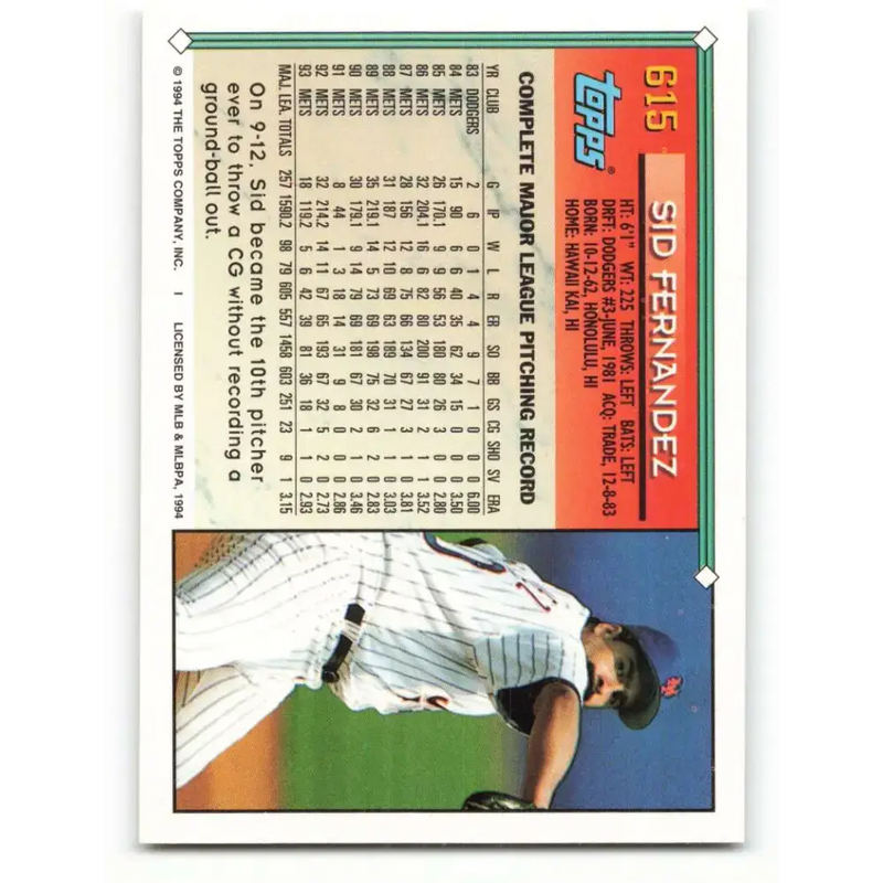 1994 Topps #615 Sid Fernandez EX Excellent New York Mets Baseball Card - Baseball Card Single