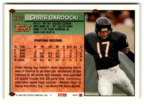 Original gloss Chris Gardocki football card from 1994 Topps Excellent Bears series