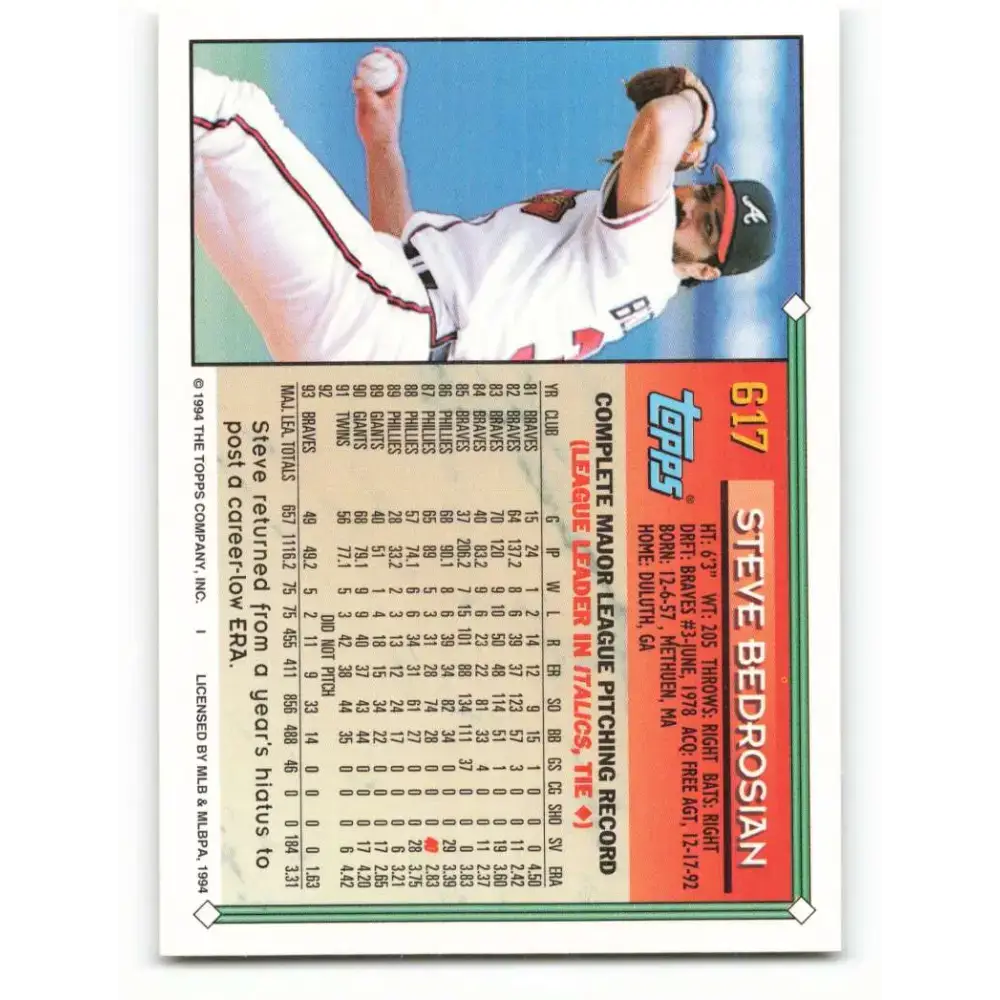 1994 Topps #617 Steve Bedrosian EX Excellent Atlanta Braves Baseball Card - Baseball Card Single