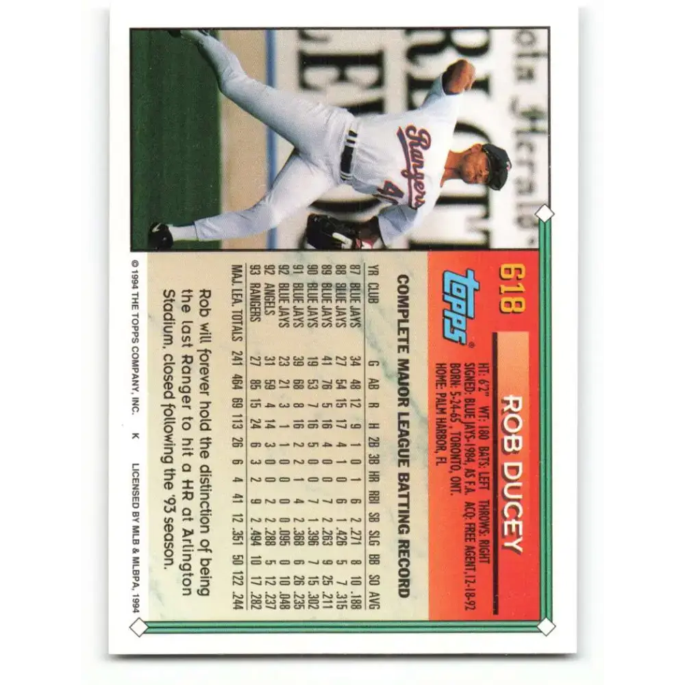 1994 Topps #618 Rob Ducey EX Excellent Texas Rangers Baseball Card - Baseball Card Single