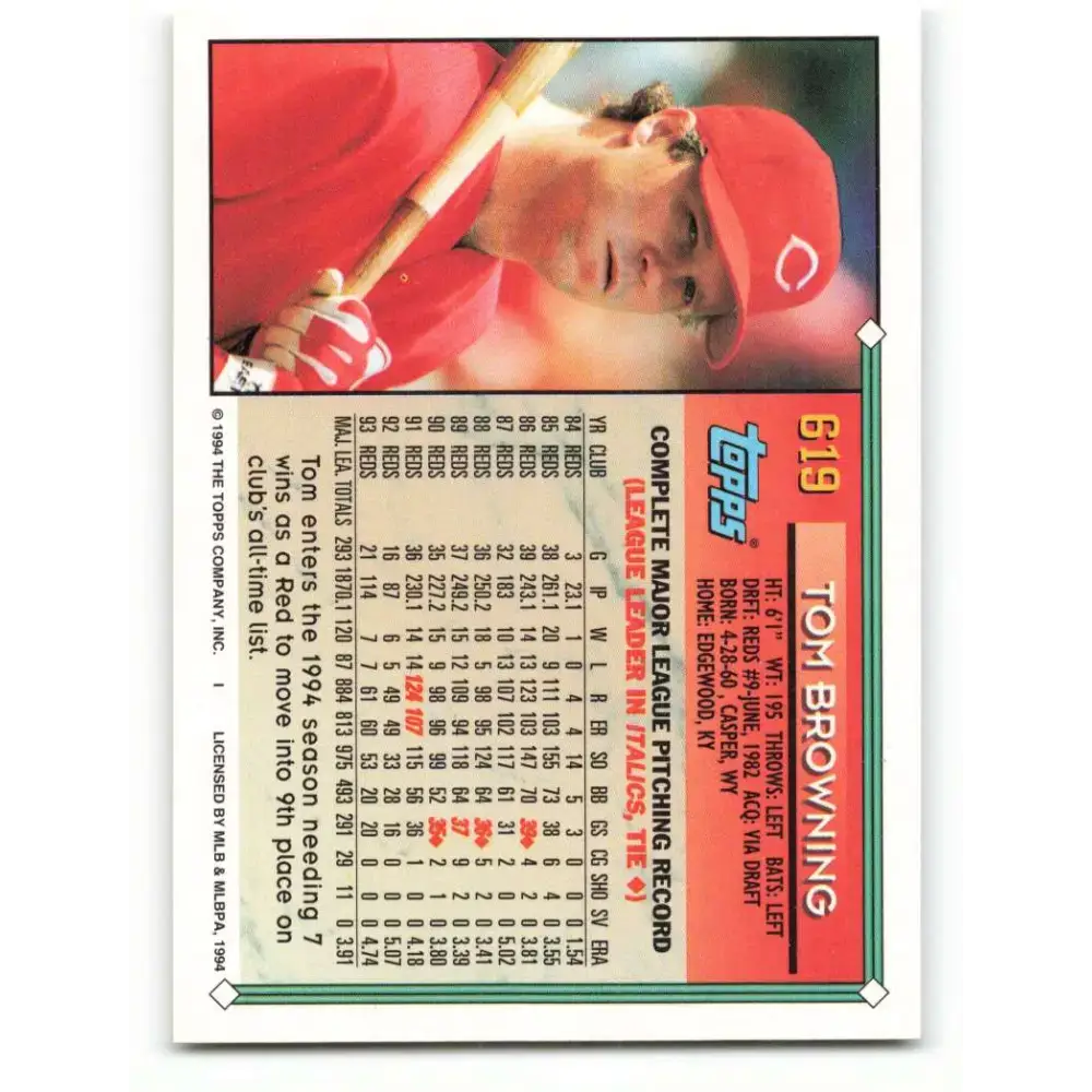 1994 Topps #619 Tom Browning EX Excellent Cincinnati Reds Baseball Card - Baseball Card Single