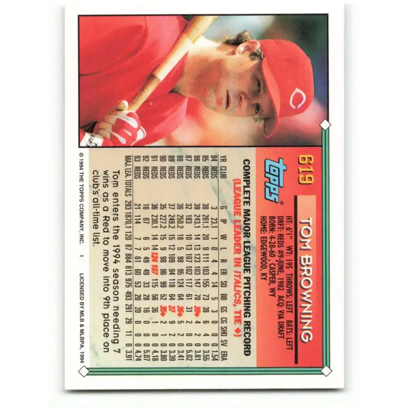 1994 Topps #619 Tom Browning EX Excellent Cincinnati Reds Baseball Card - Baseball Card Single