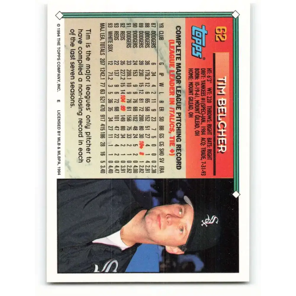 1994 Topps #62 Tim Belcher EX Excellent Chicago White Sox Baseball Card - Baseball Card Single