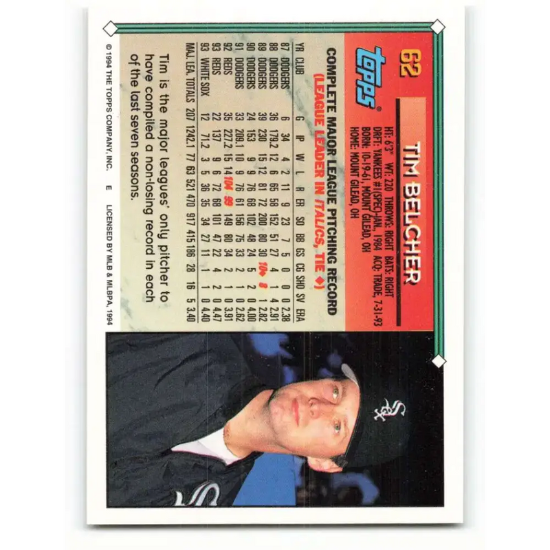 1994 Topps #62 Tim Belcher EX Excellent Chicago White Sox Baseball Card - Baseball Card Single