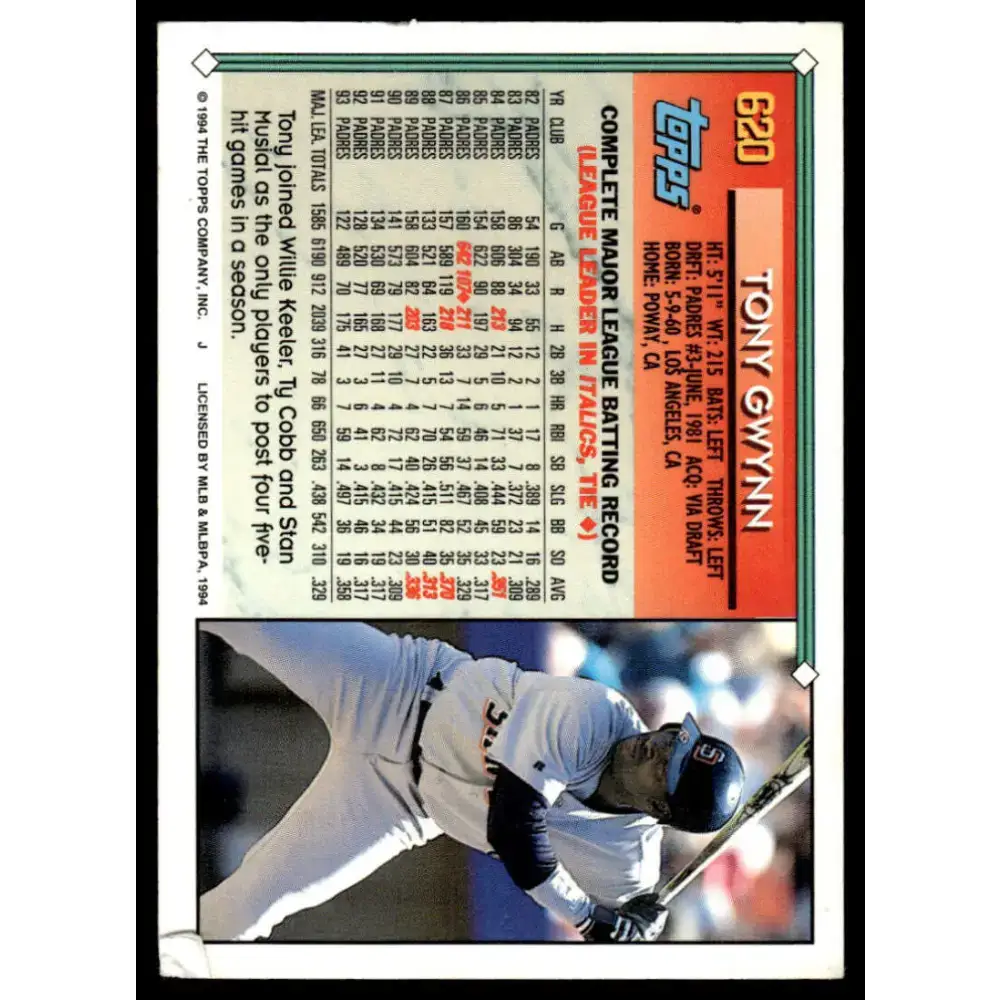 1994 Topps #620 Tony Gwynn NM/MT San Diego Padres Baseball Card - Baseball Card Single
