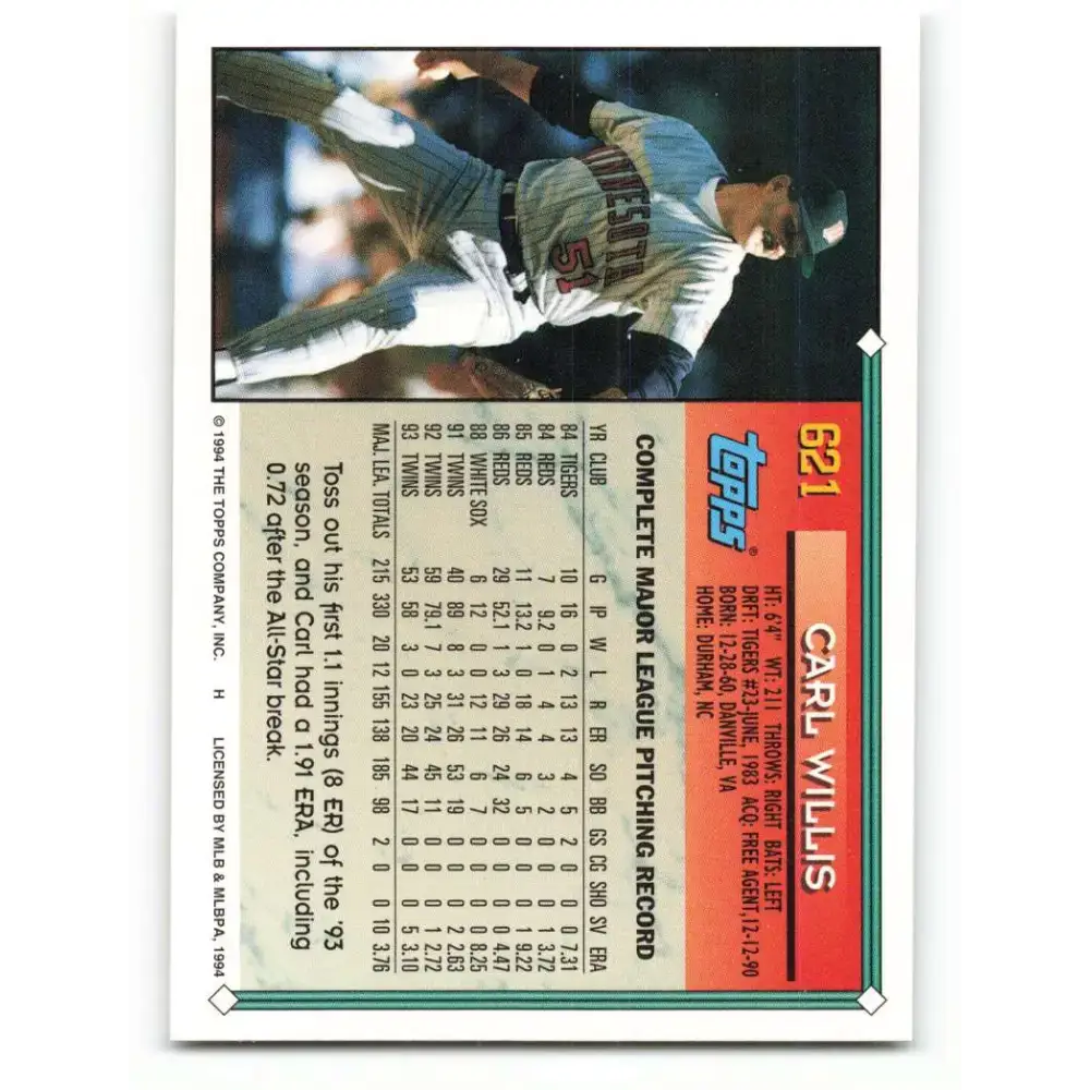 1994 Topps #621 Carl Willis EX Excellent Minnesota Twins Baseball Card - Baseball Card Single