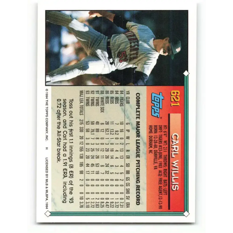 1994 Topps #621 Carl Willis EX Excellent Minnesota Twins Baseball Card - Baseball Card Single