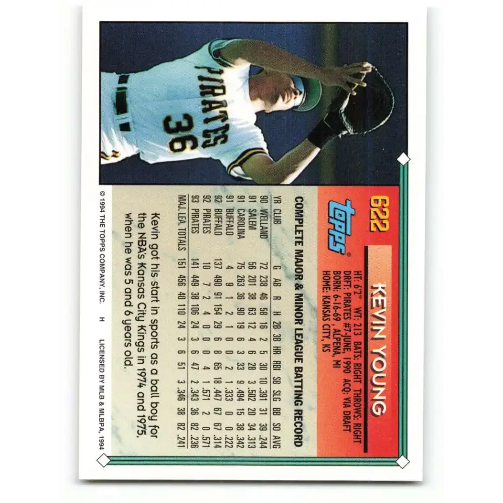 1994 Topps #622 Kevin Young EX Excellent Pittsburgh Pirates Baseball Card - Baseball Card Single