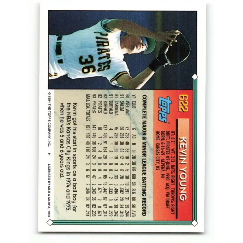 1994 Topps #622 Kevin Young EX Excellent Pittsburgh Pirates Baseball Card - Baseball Card Single