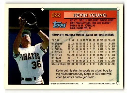 Baseball card of Kevin Young Pittsburgh Pirates from 1994 Topps #622