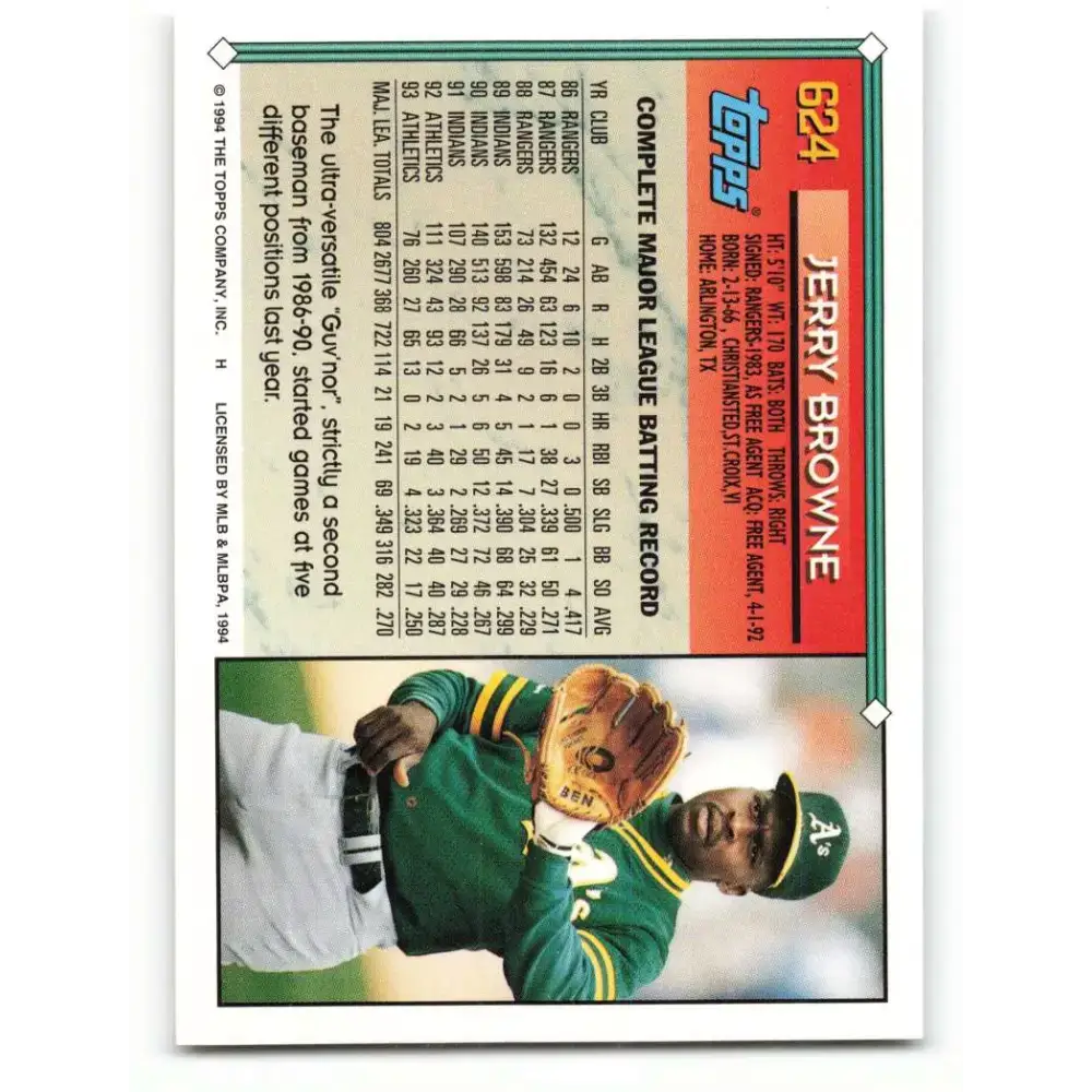 1994 Topps #624 Jerry Browne EX Excellent Oakland Athletics Baseball Card - Baseball Card Single
