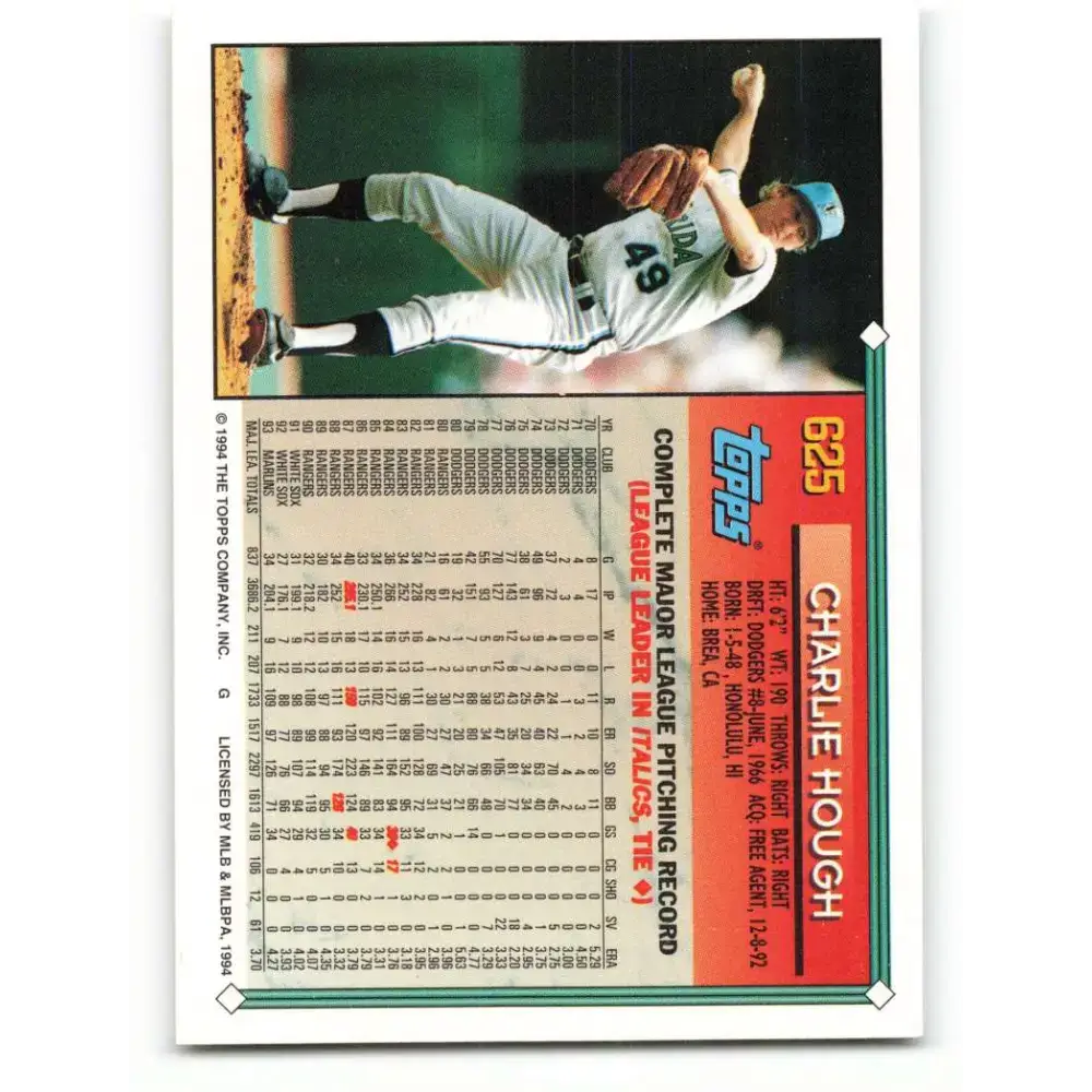 1994 Topps #625 Charlie Hough EX Excellent Florida Marlins Baseball Card - Baseball Card Single