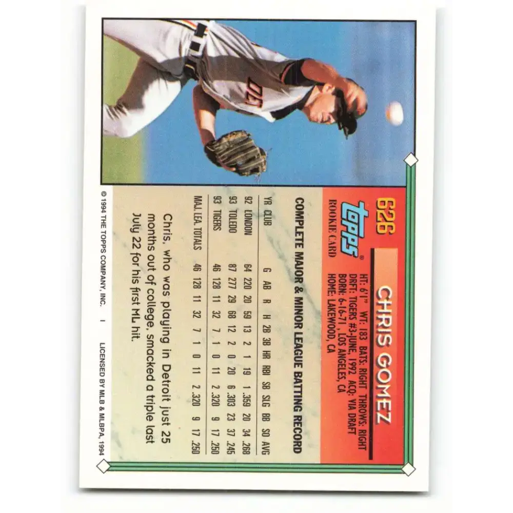1994 Topps #626 Chris Gomez EX Excellent Detroit Tigers Baseball Card - Baseball Card Single
