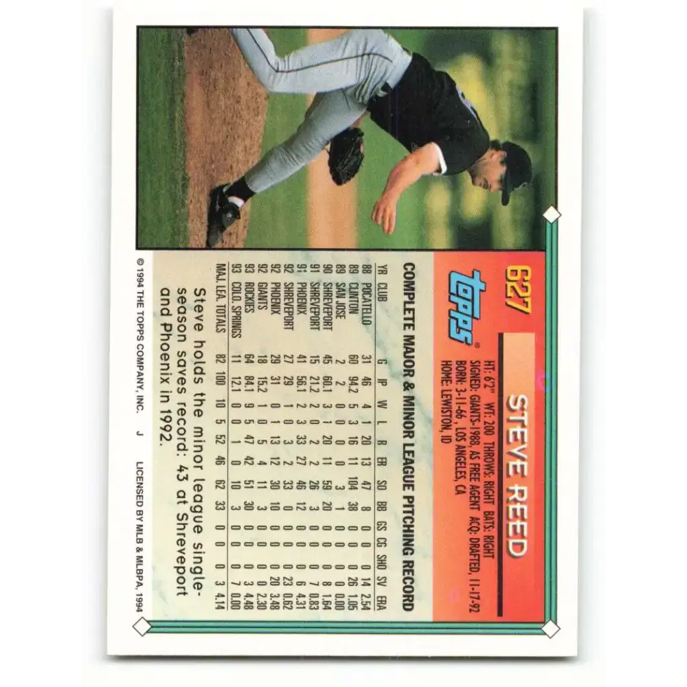1994 Topps #627 Steve Reed EX Excellent Colorado Rockies Baseball Card - Baseball Card Single
