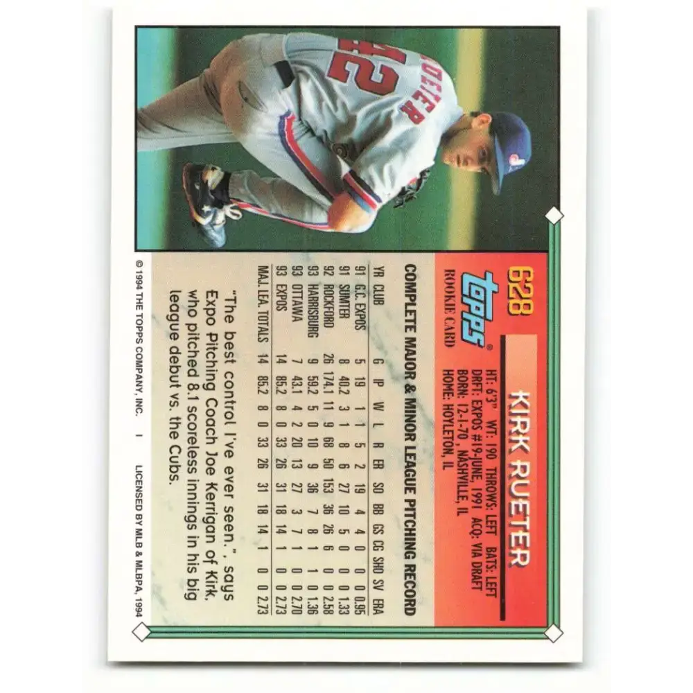 1994 Topps #628 Kirk Rueter EX Excellent Montreal Expos Baseball Card - Baseball Card Single