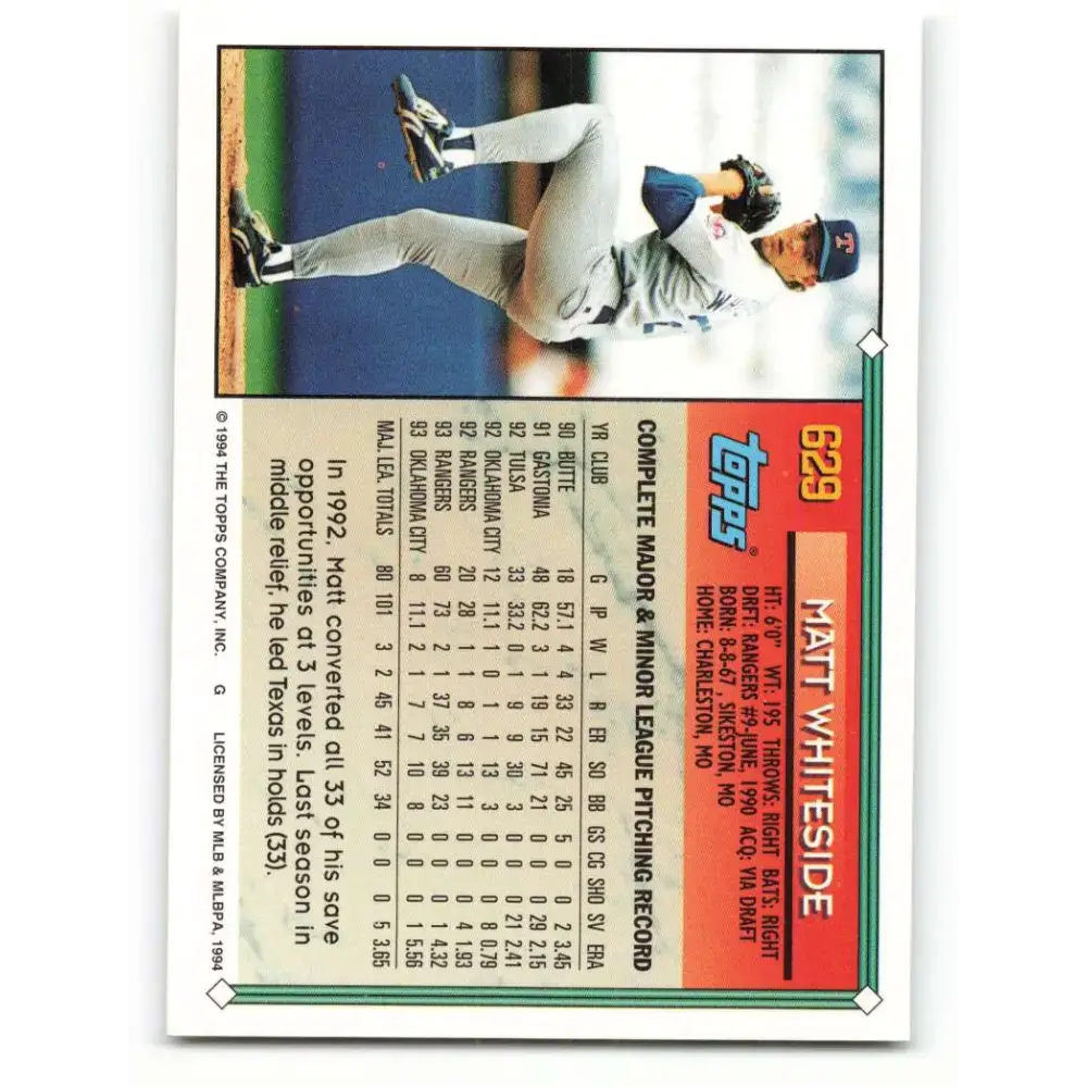 1994 Topps #629 Matt Whiteside EX Excellent Texas Rangers Baseball Card - Baseball Card Single