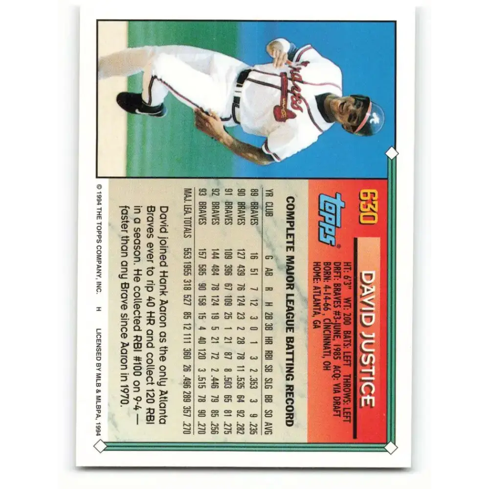 1994 Topps #630 David Justice EX Excellent Atlanta Braves Baseball Card - Baseball Card Single