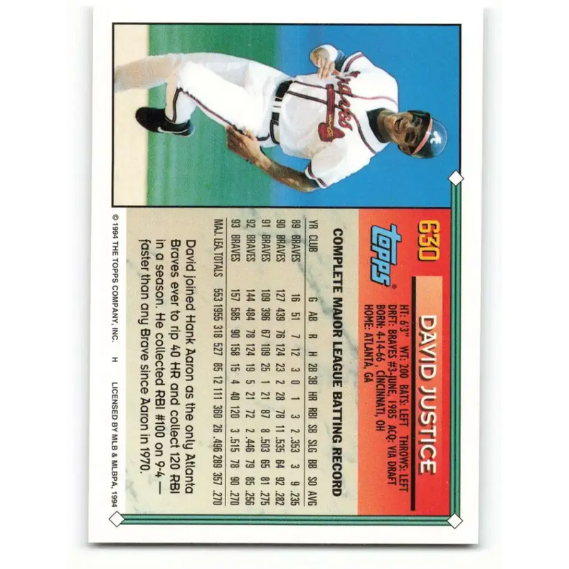 1994 Topps #630 David Justice EX Excellent Atlanta Braves Baseball Card - Baseball Card Single