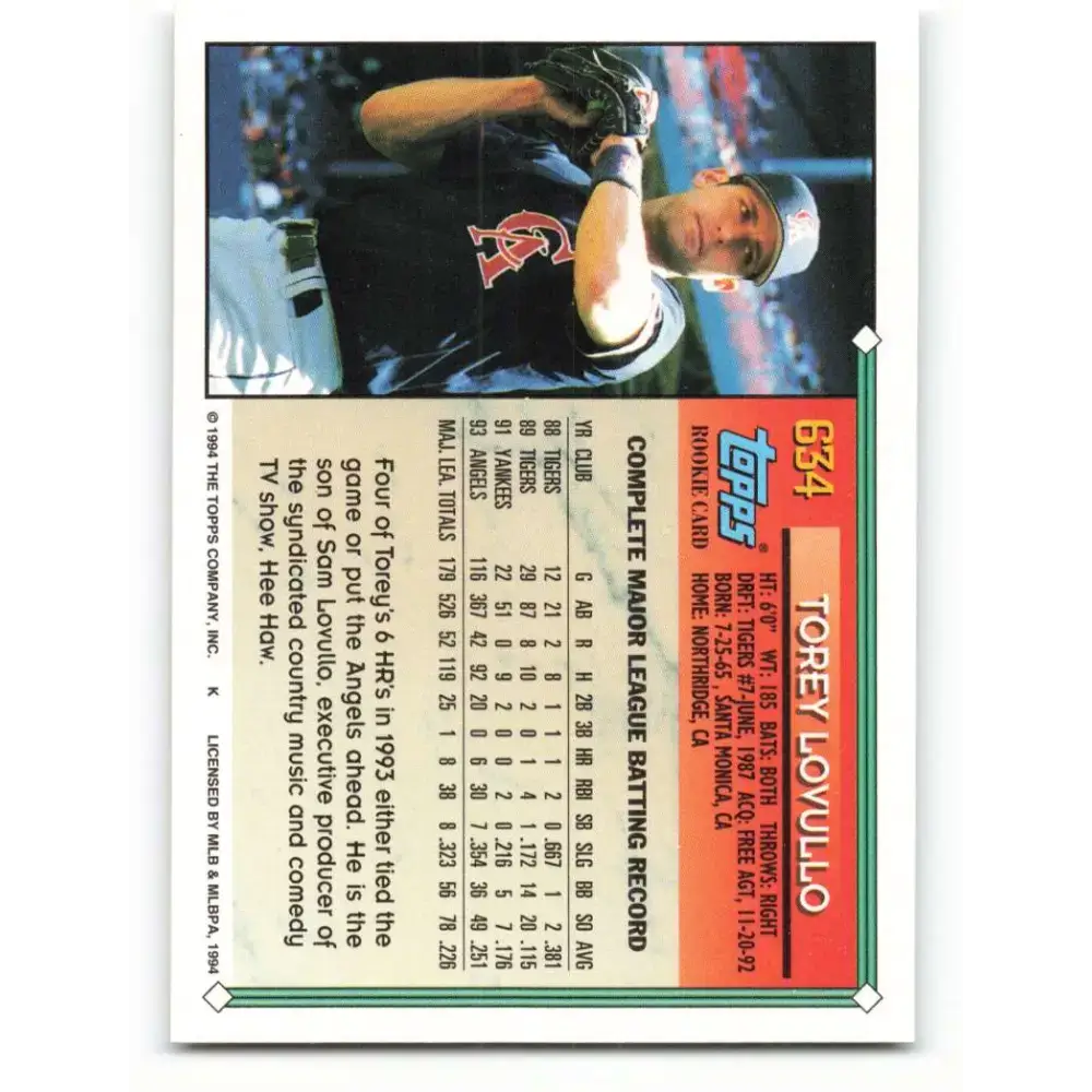 1994 Topps #634 Torey Lovullo EX Excellent California Angels Baseball Card - Baseball Card Single