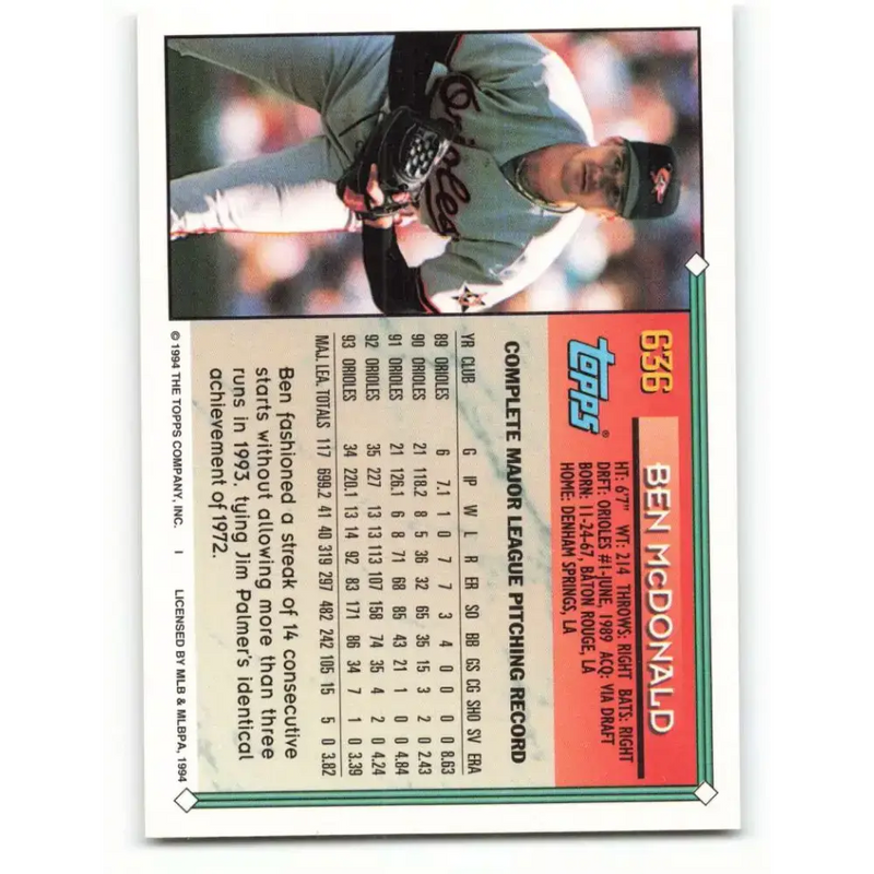 1994 Topps #636 Ben McDonald EX Excellent Baltimore Orioles Baseball Card - Baseball Card Single
