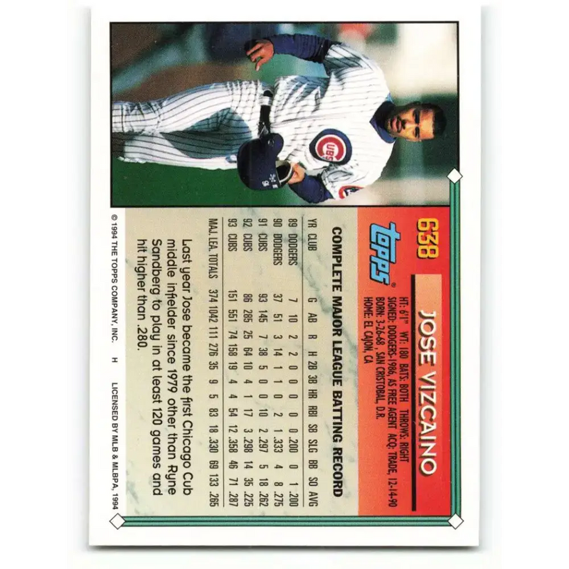 1994 Topps #638 Jose Vizcaino EX Excellent Chicago Cubs Baseball Card - Baseball Card Single